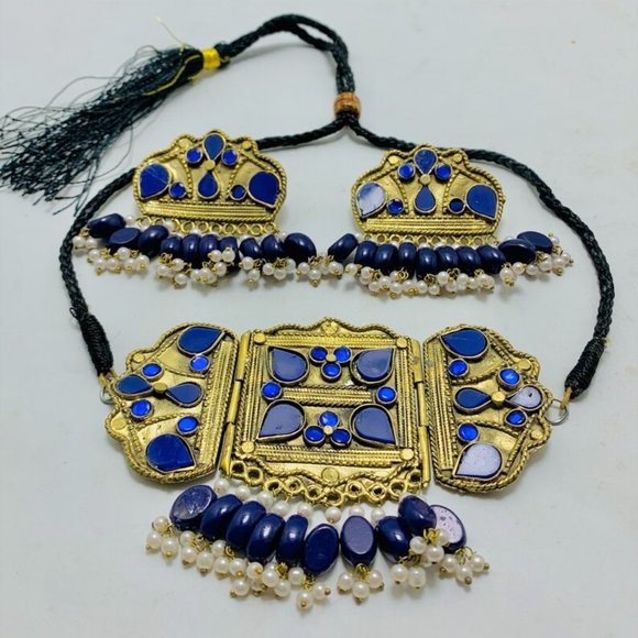 Blue Jewelry Set, Statement Choker Necklace With Earrings, Pearls Jewelry, - Picture 4 of 9